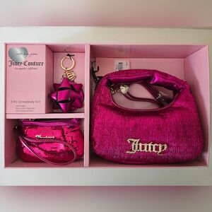 Juicy Couture Pink 3-Piece Crossbody Set – Mini Hobo, Wristlet & Keychain Bow